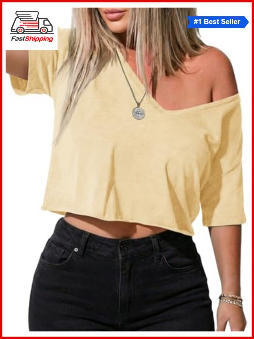 Women's Off Shoulder Crop Top Deep V Neck Short Sleeve Loose Tee
